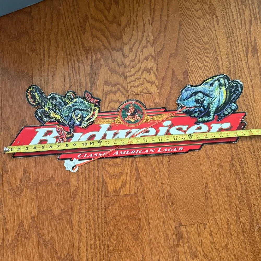 VINTAGE BUDWEISER LIZARDS FROG METAL SIGN 31 in X 9 in